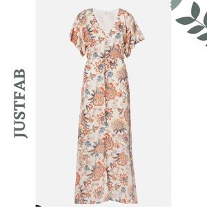 JUSTFAB Boho Floral Maxi Dress Cream Orange Lined Flutter Sleeve – Size XXL